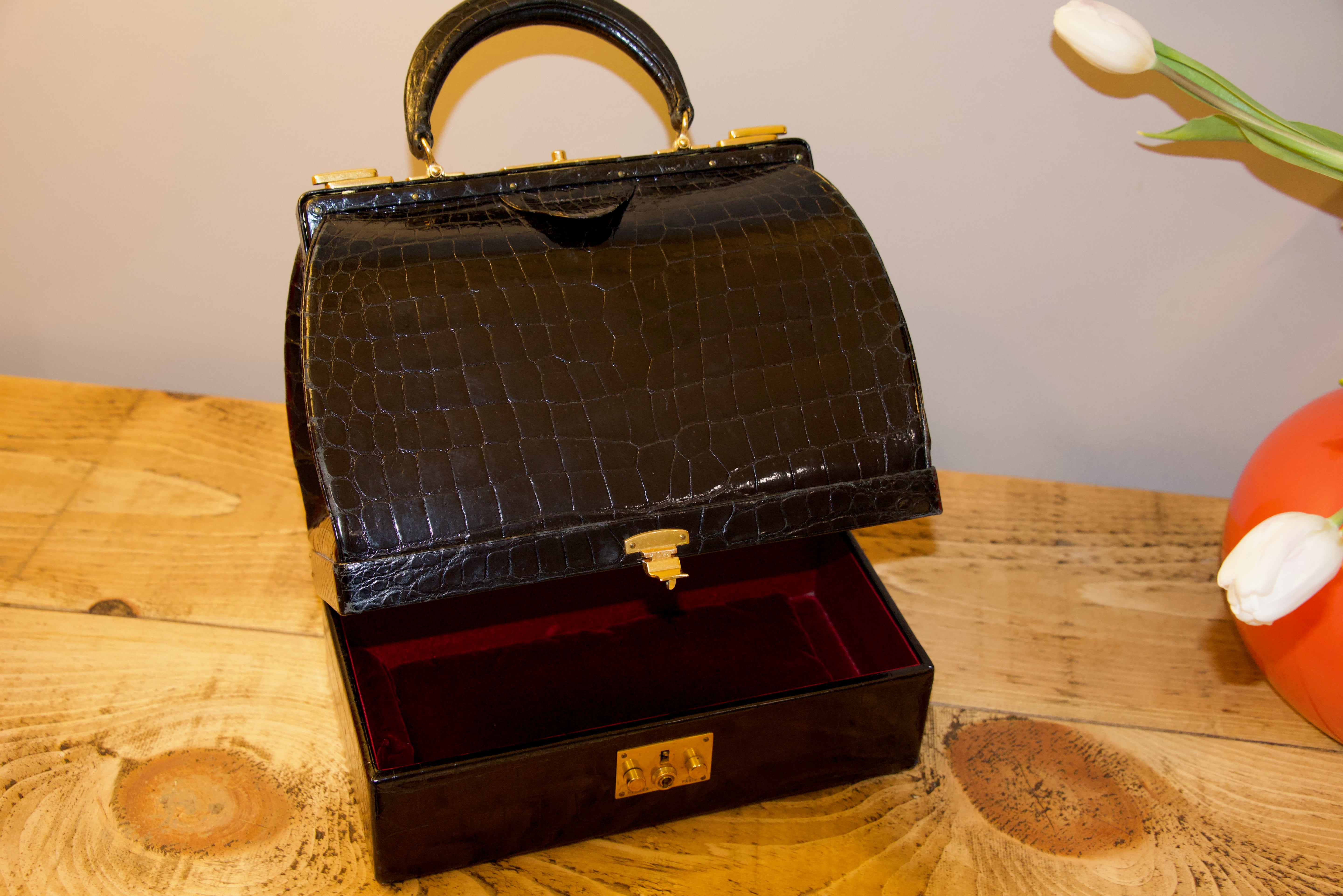 Hermès Sac Mallette 27cm Black Shiny Croc GHW - Vintage