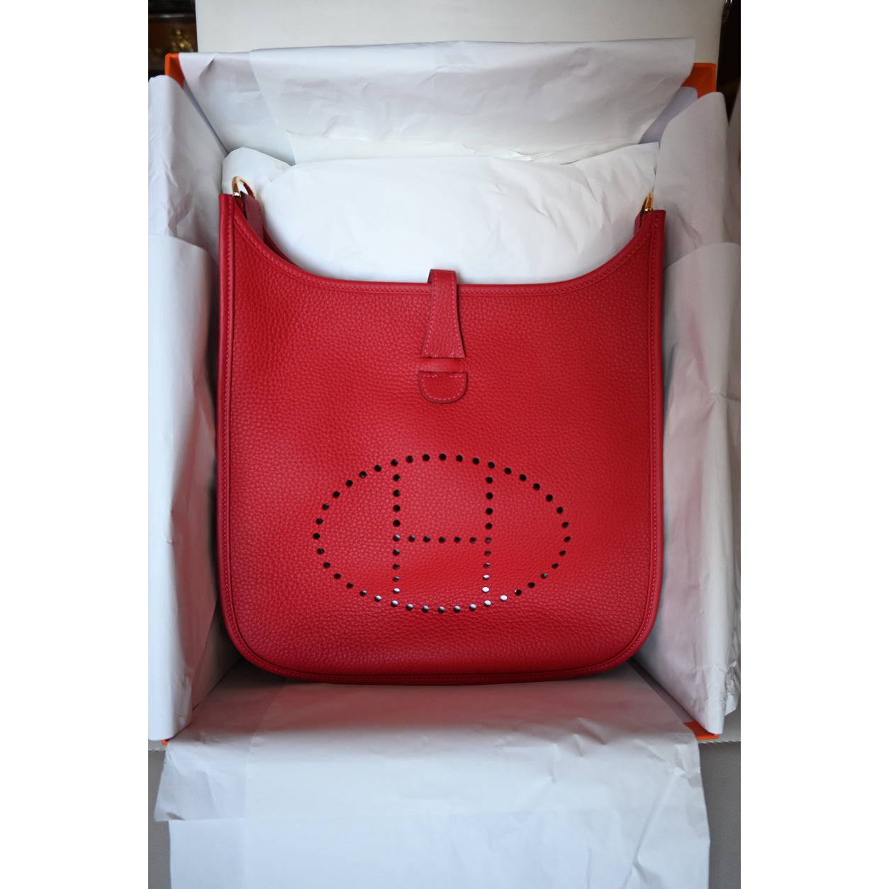 Hermes Evelyne 29cm Vermillion Clemence GHW