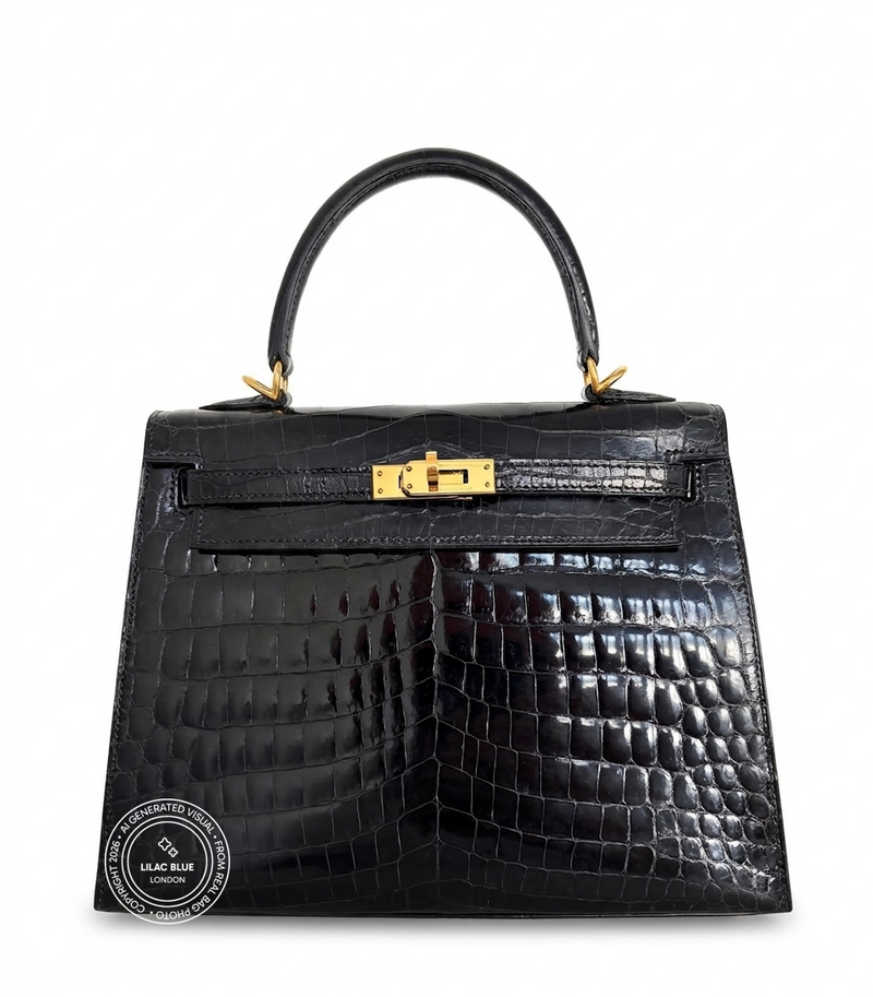 Hermès Kelly 25cm Black Shiny Croc GHW