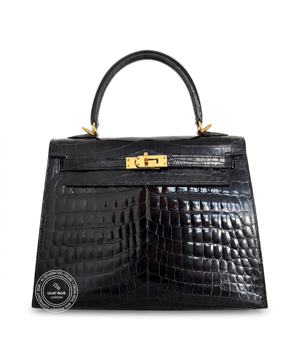 Hermès Kelly 25cm Black Shiny Croc GHW