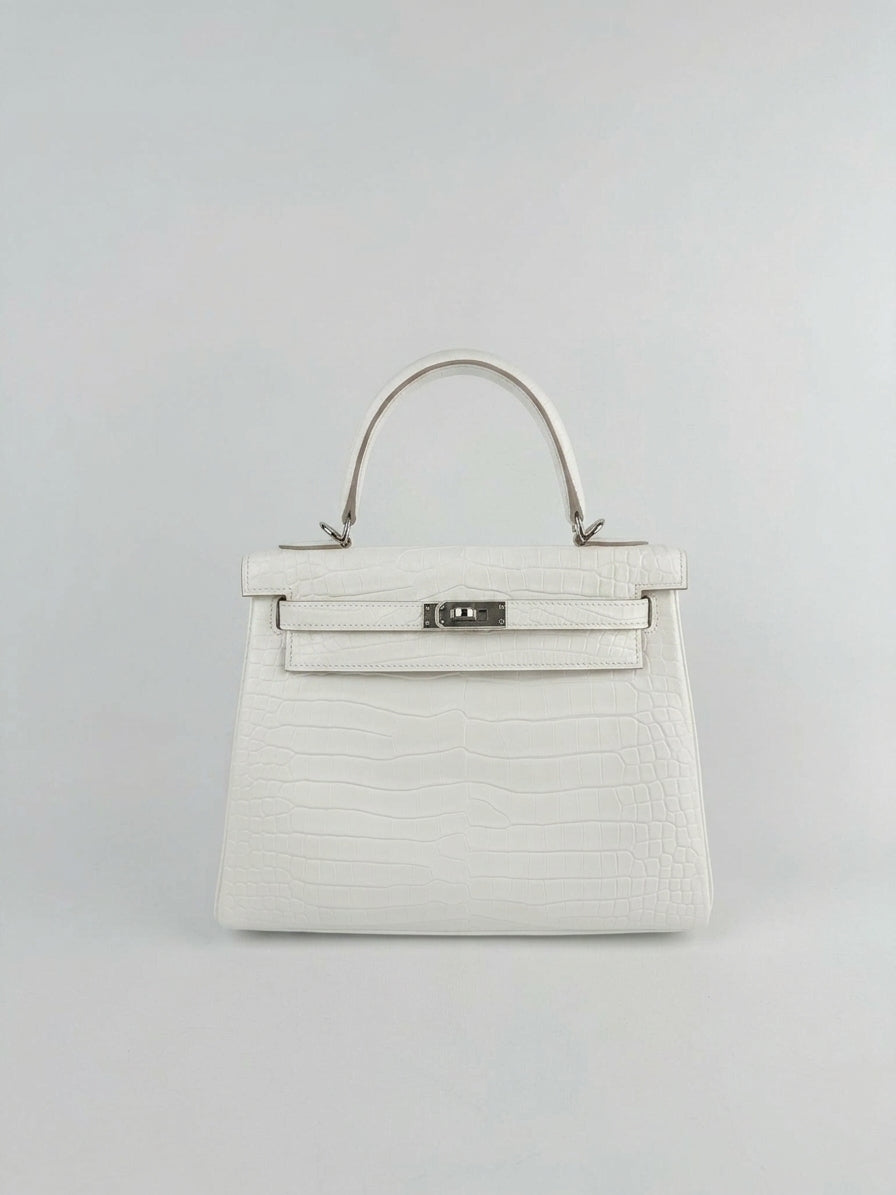 Hermès Kelly 25cm Creme Chantilly Matte Croc PHW