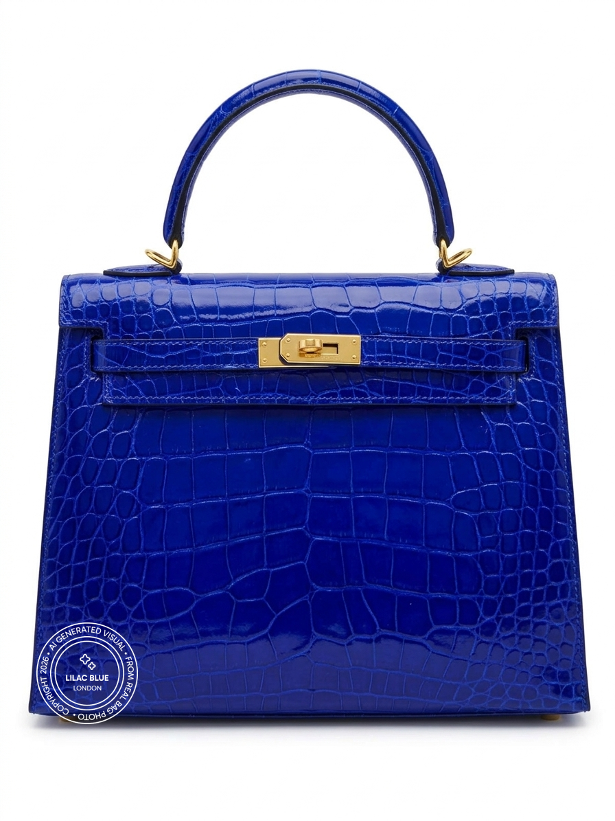 Hermès Kelly 25cm Bleu Electrique Shiny Croc GHW