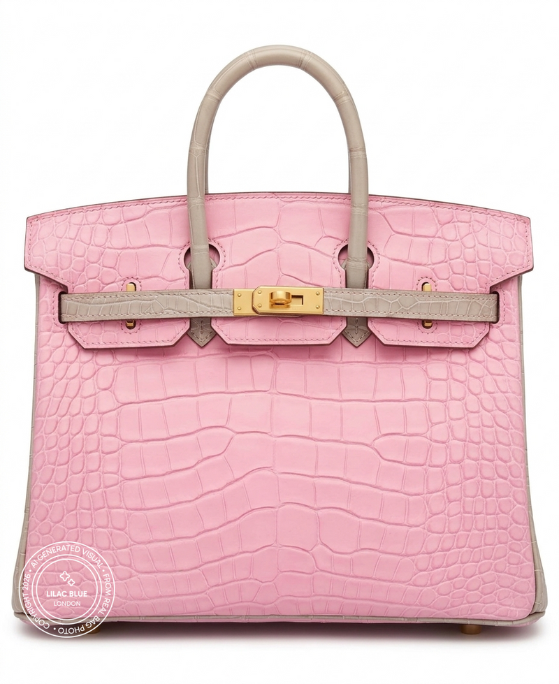 Hermès Birkin 25cm Bubblegum/Gris Perle Matte Croc GHW