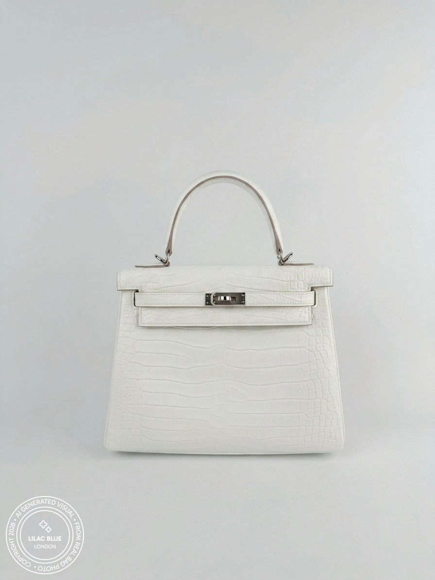 Hermès Kelly 25cm Creme Chantilly Matte Croc PHW