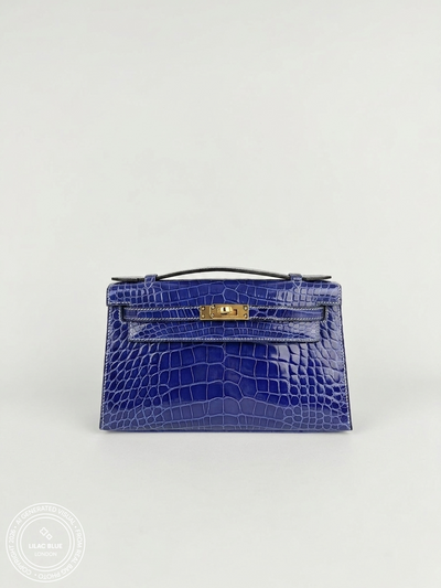 Hermès Kelly Pochette 22cm Bleu Electrique/Gris Perle Shiny Croc GHW