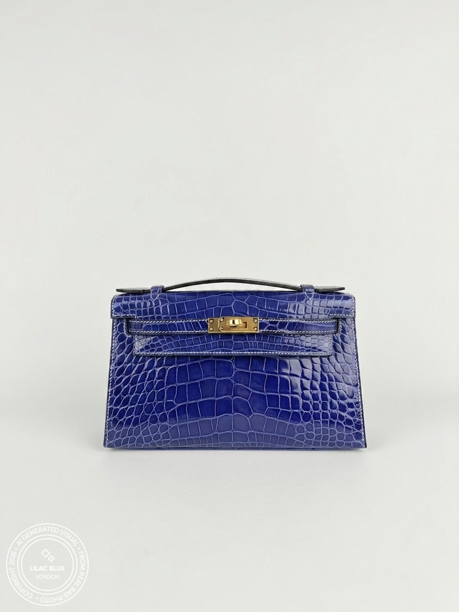 Hermès Kelly Pochette 22cm Bleu Electrique/Gris Perle Shiny Croc GHW