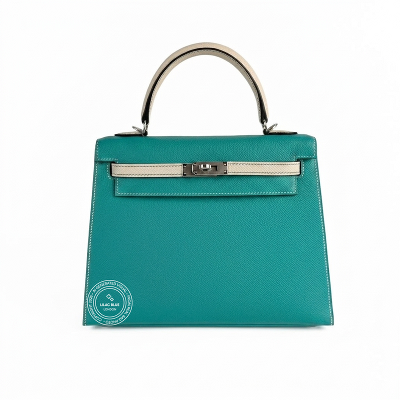 Hermès Kelly 25cm Bleu Paon/Craie Epsom PHW - Preloved