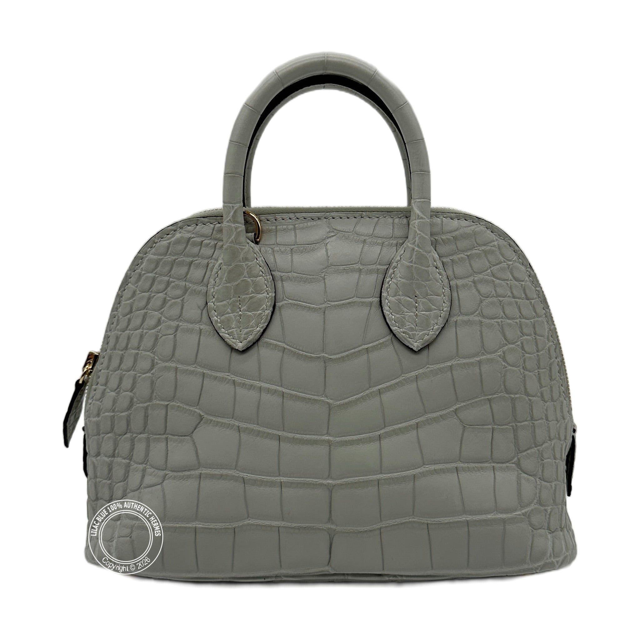 Hermès Mini Bolide Gris Neve Matte Alligator Gold Hardware — view 2