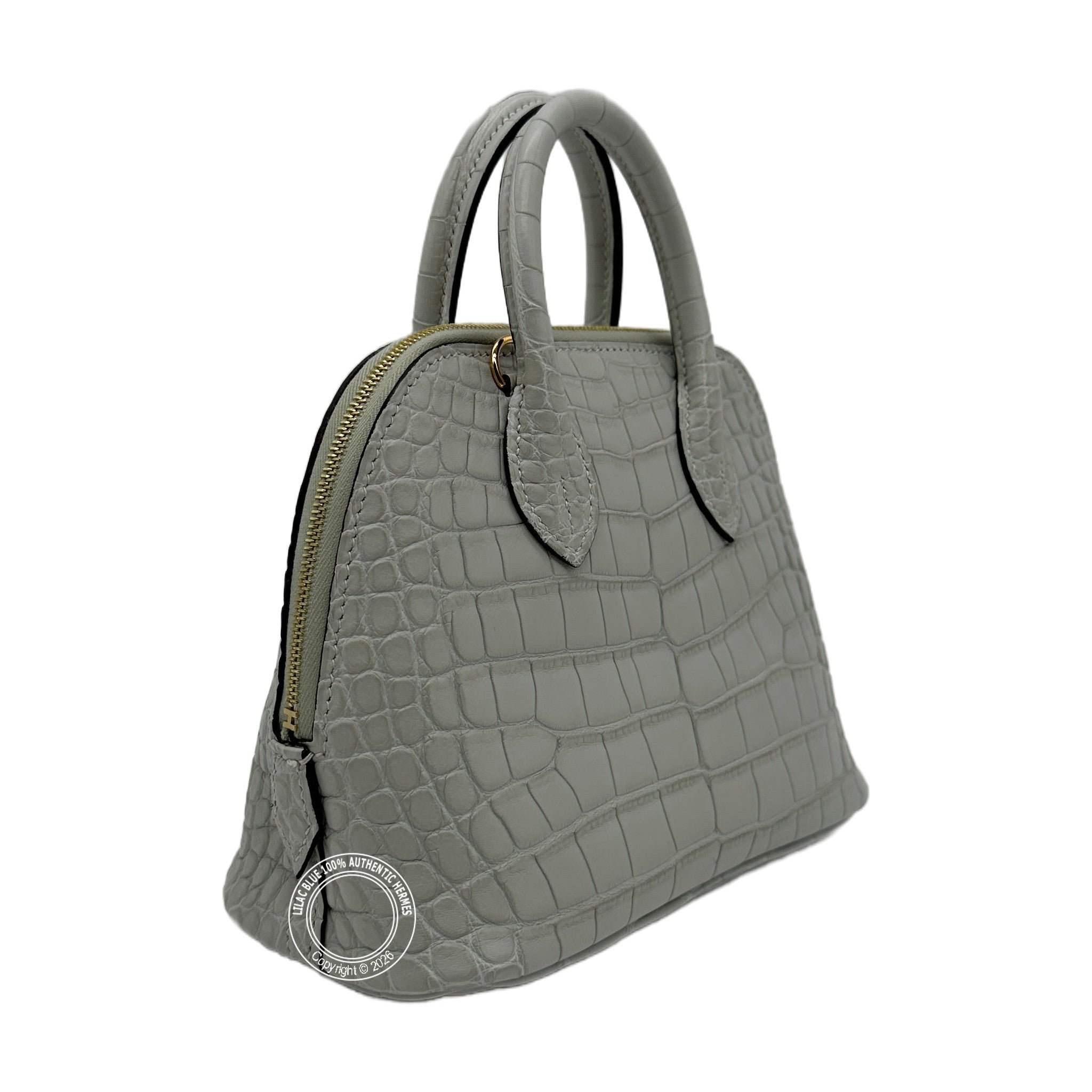 Hermès Mini Bolide Gris Neve Matte Alligator Gold Hardware — view 4