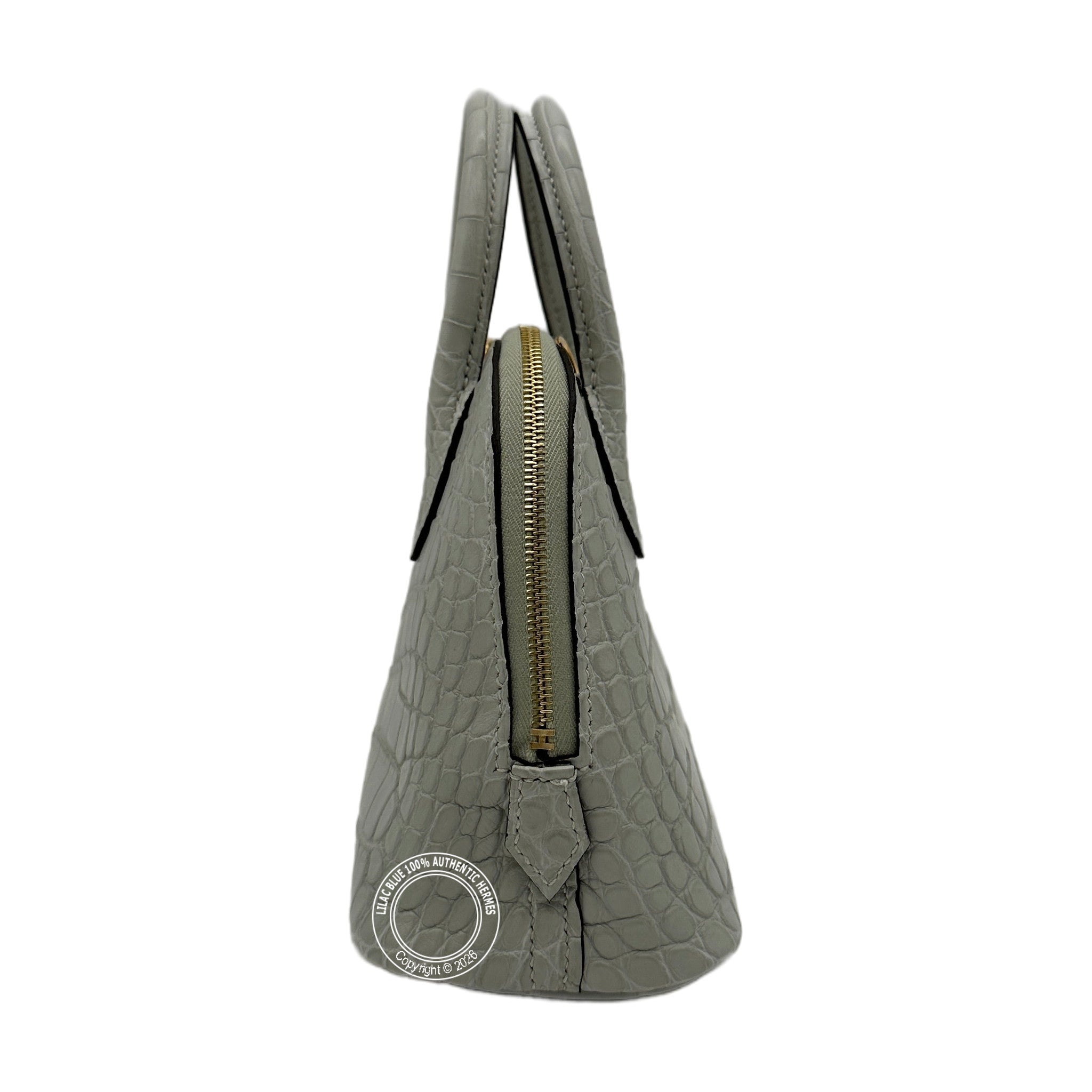 Hermès Mini Bolide Gris Neve Matte Alligator Gold Hardware — view 5