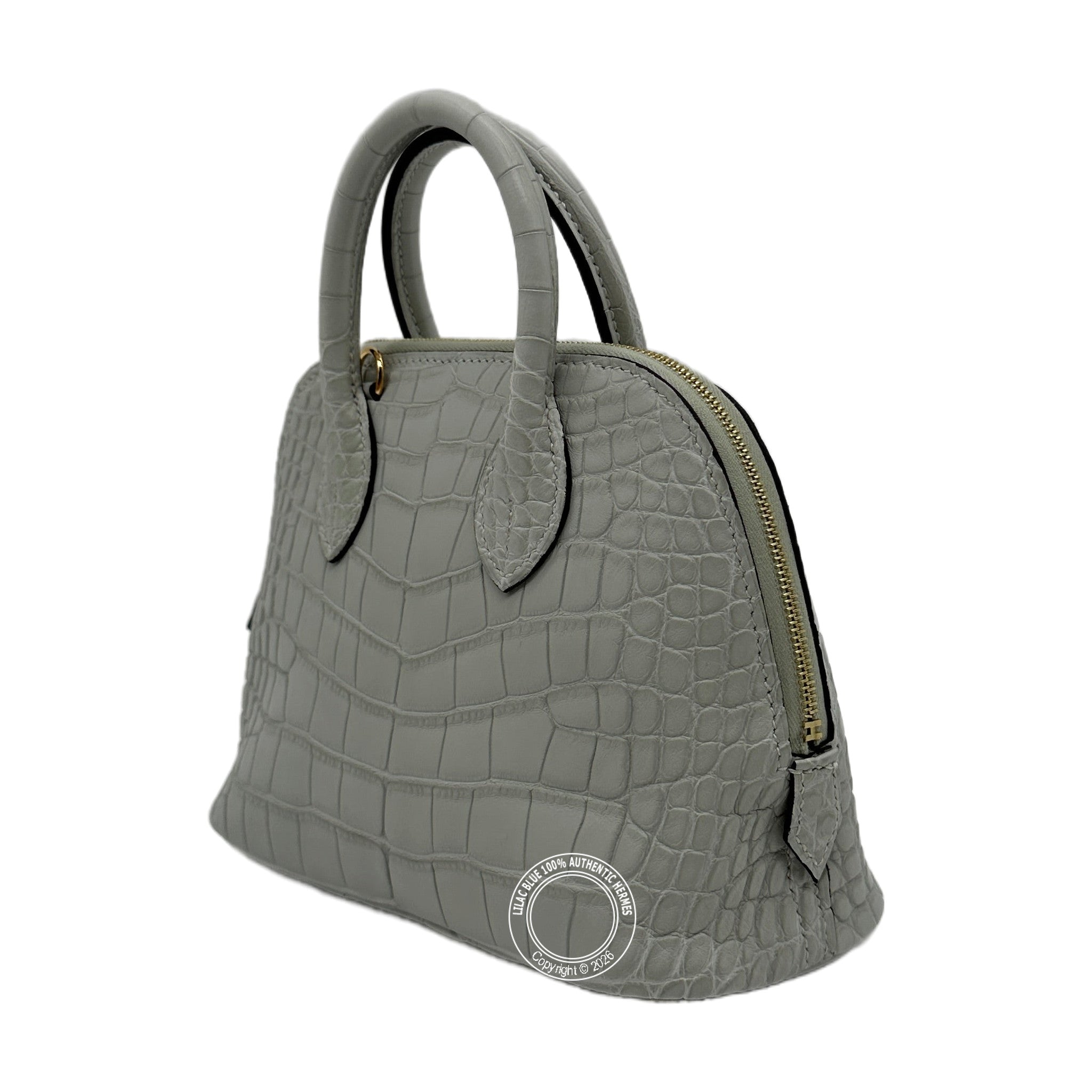 Hermès Mini Bolide Gris Neve Matte Alligator Gold Hardware — view 6