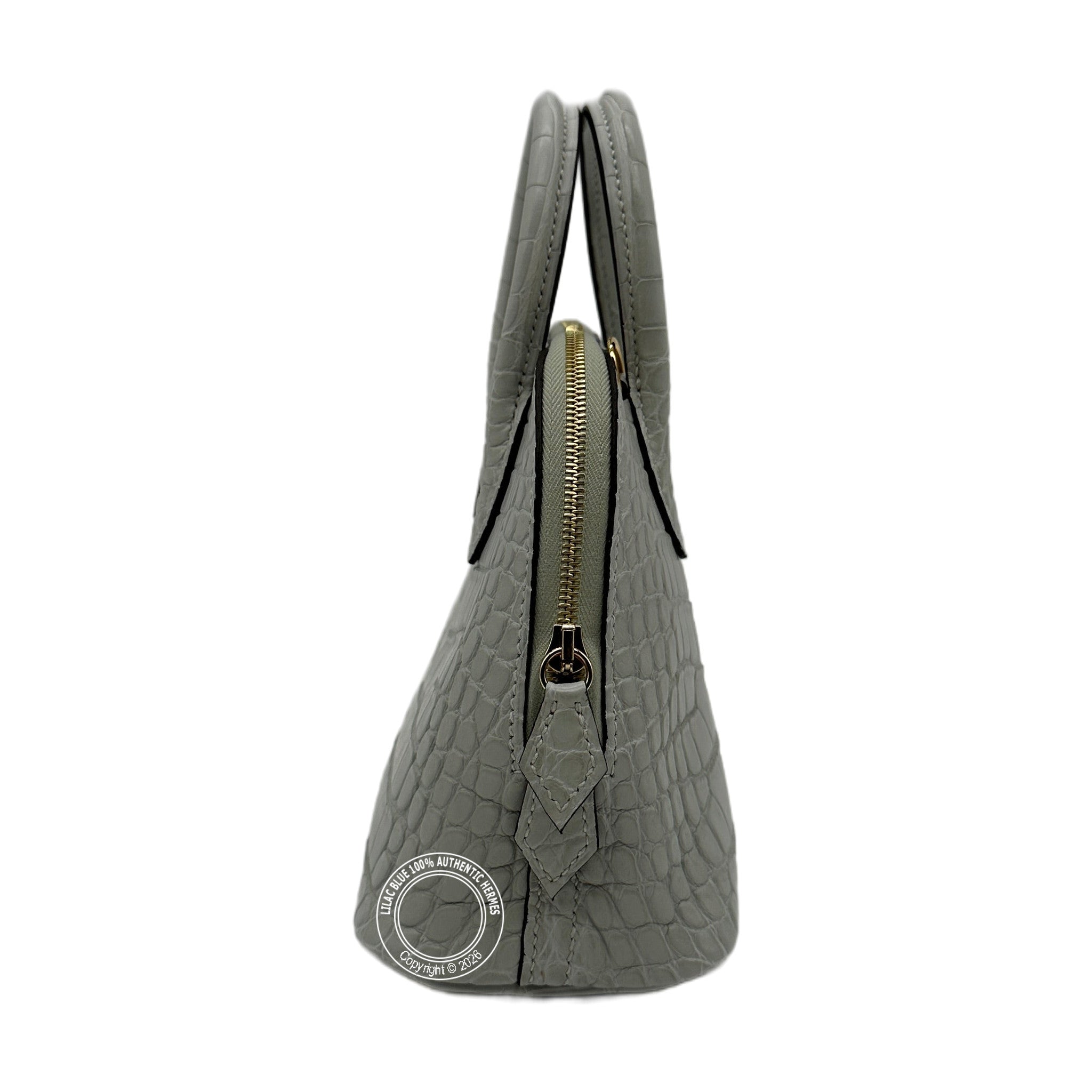 Hermès Mini Bolide Gris Neve Matte Alligator Gold Hardware — view 7