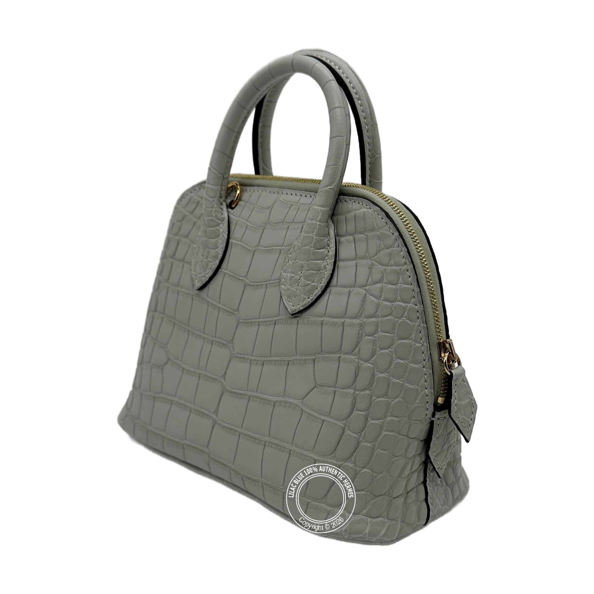 Hermès Mini Bolide Gris Neve Matte Alligator Gold Hardware — view 8
