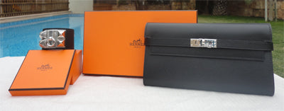 Hermes Black Kelly Wallet. Epsom, Silver
