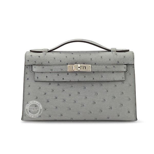 Hermès Kelly 22cm Bleu Glacier Mini Pochette Ostrich PHW