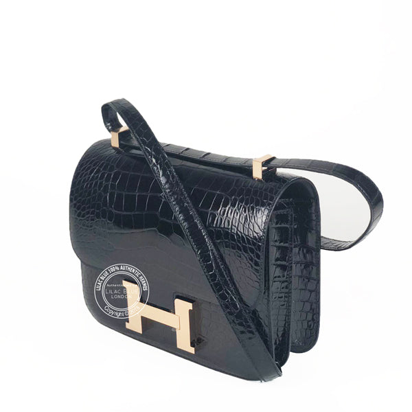 Hermès Constance 24cm Black Shiny Croc RGHW