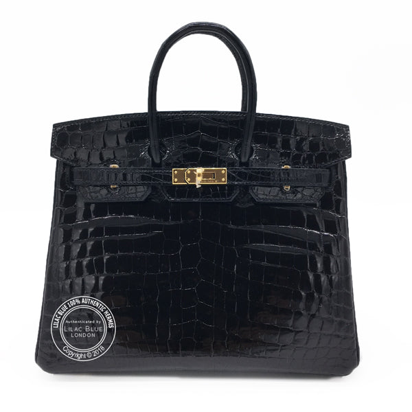 Hermes Birkin 25cm Black Shiny Croc GHW