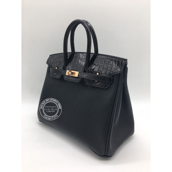 Hermès Birkin 25cm Black Touch Shiny Croc/Novillo RGHW