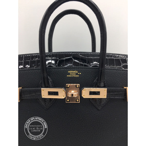 Hermès Birkin 25cm Black Touch Shiny Croc/Novillo RGHW