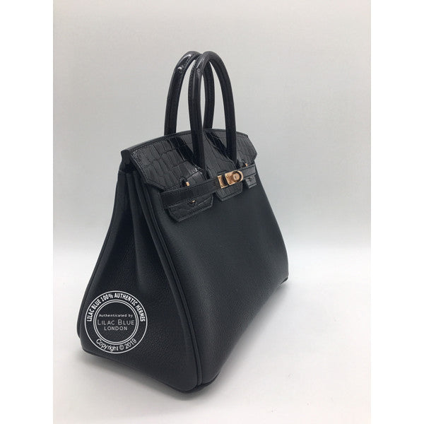 Hermès Birkin 25cm Black Touch Shiny Croc/Novillo RGHW