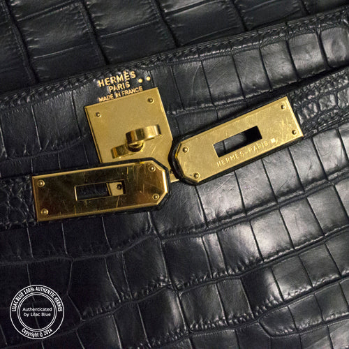 Hermès Kelly 28cm Navy Matte Croc GHW - Preloved