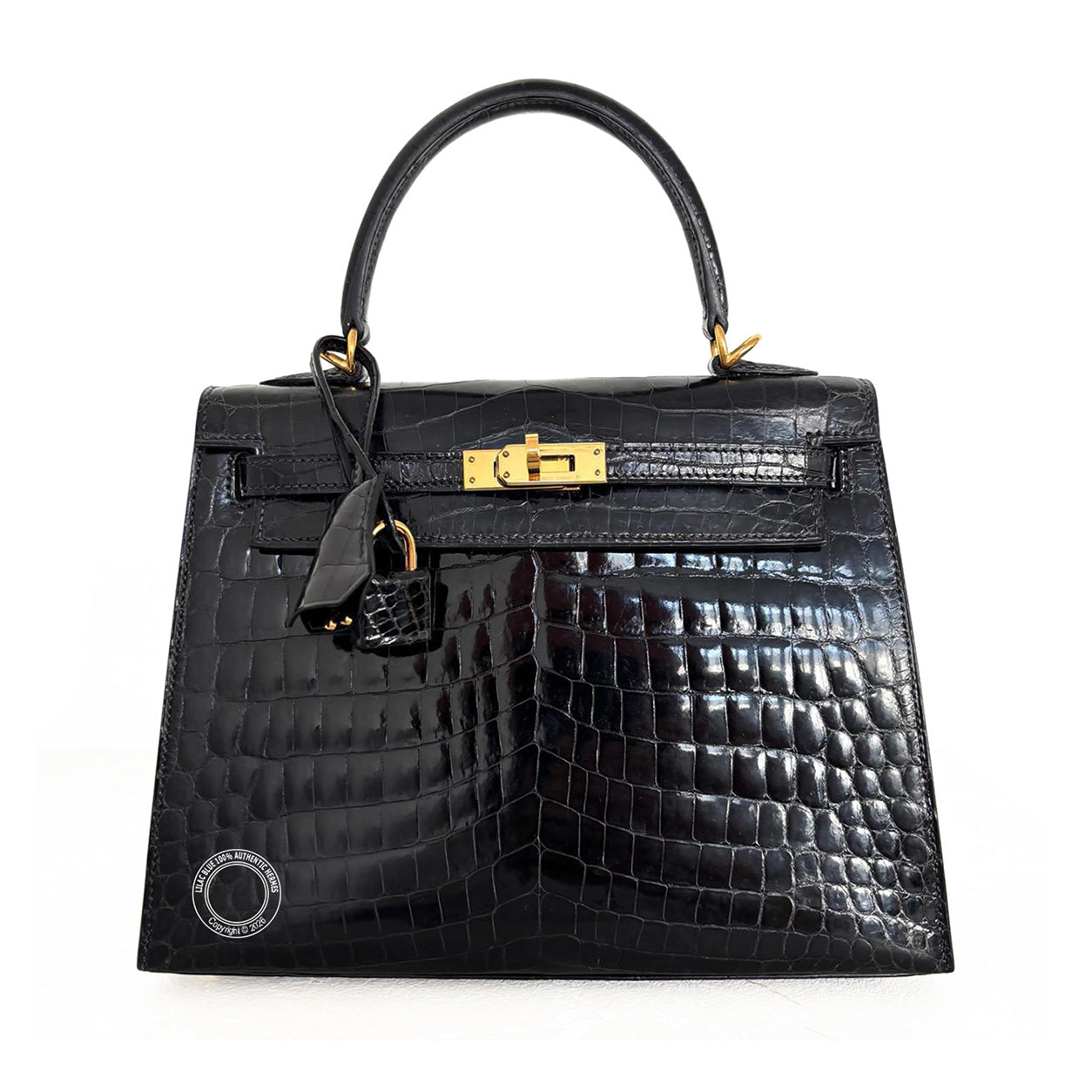 Hermès Kelly 25cm Black Shiny Croc GHW - Preloved