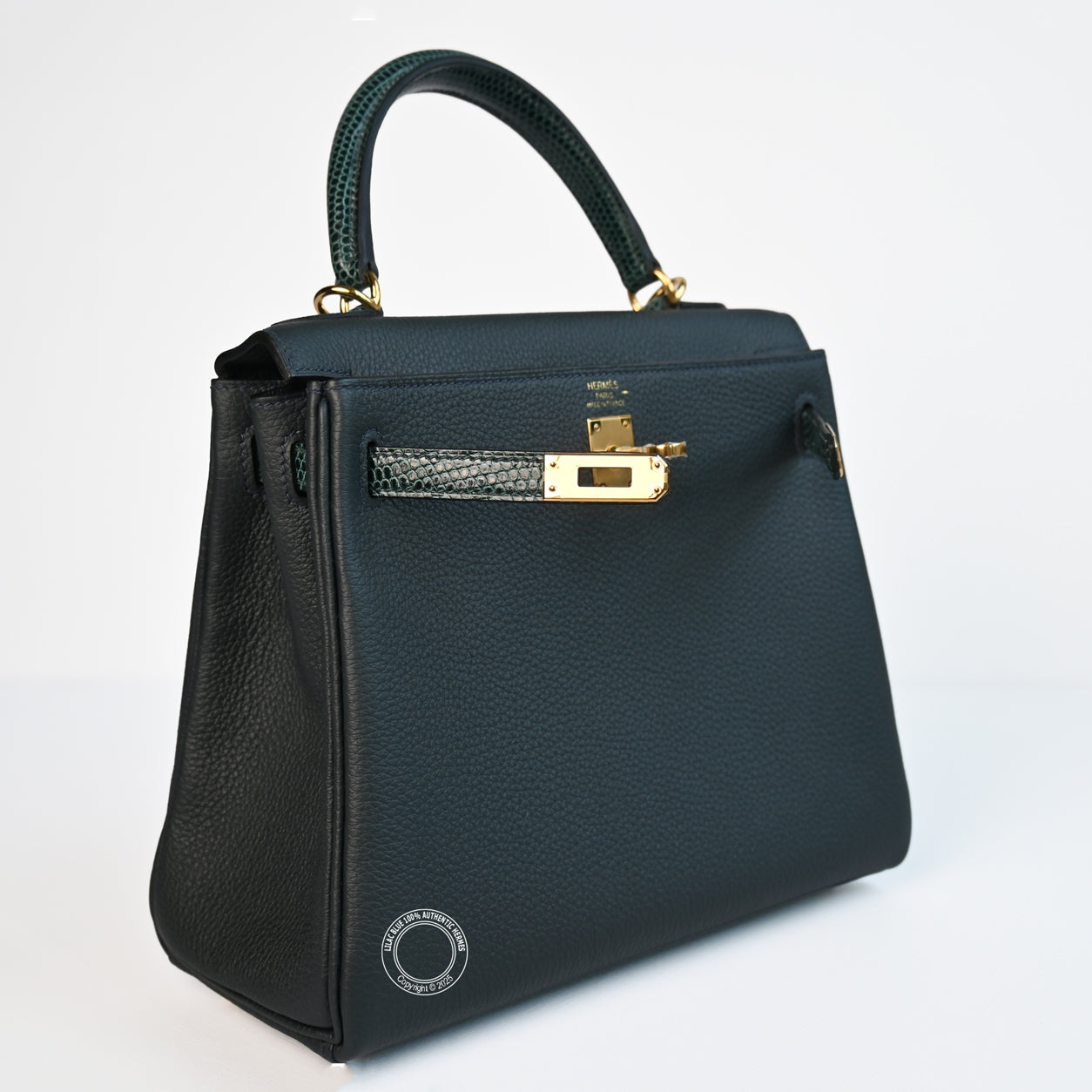 Hermes Kelly 25cm Vert Cypress/Vert Rousseau Touch Togo/Lizard GHW