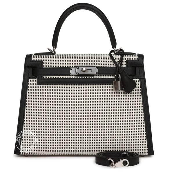 Hermès Kelly 28cm Ecru/Black Toile Q/Swift PHW