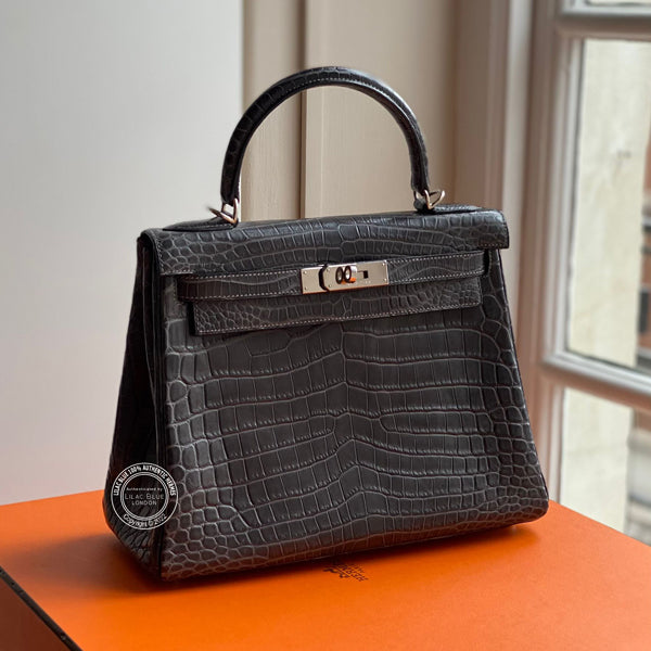 Hermès Kelly 28cm Graphite Matte Croc PHW