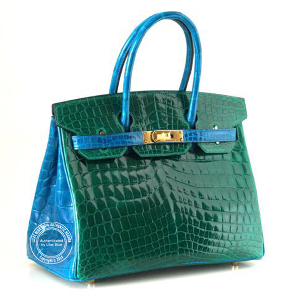 Hermès Birkin 30cm Vert Emeraud/Bleu Izmir Shiny Croc GHW