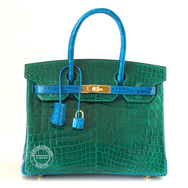 Hermès Birkin 30cm Vert Emeraud/Bleu Izmir Shiny Croc GHW