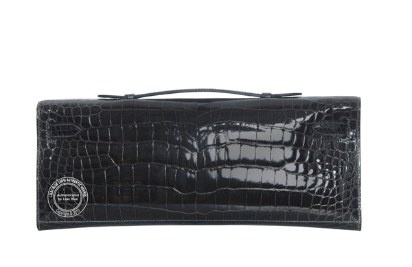 Hermès Kelly 31cm Graphite Cut Pochette Shiny Croc PHW
