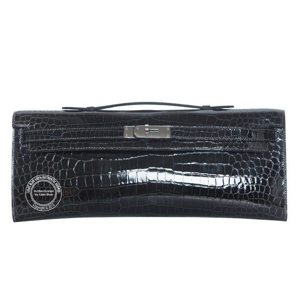 Hermès Kelly 31cm Graphite Cut Pochette Shiny Croc PHW