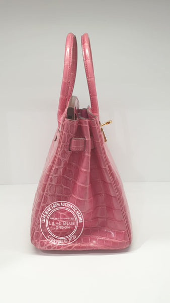 Hermès Birkin 30cm Rose Tyrien Shiny Croc GHW - Preloved