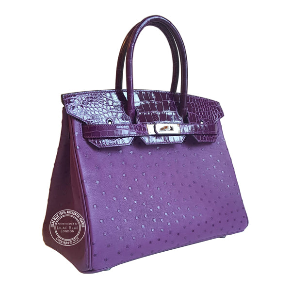 Hermes Birkin 30cm Violine/Cassis Touch Ostrich/Shiny Croc PHW