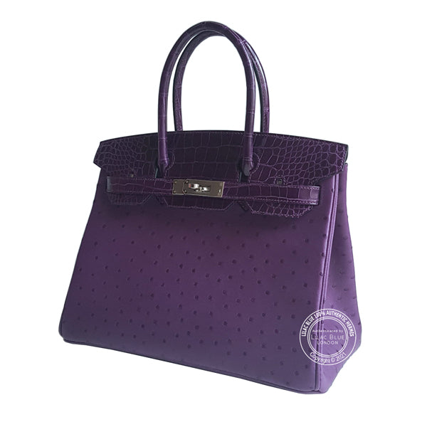Hermes Birkin 30cm Violine/Cassis Touch Ostrich/Shiny Croc PHW