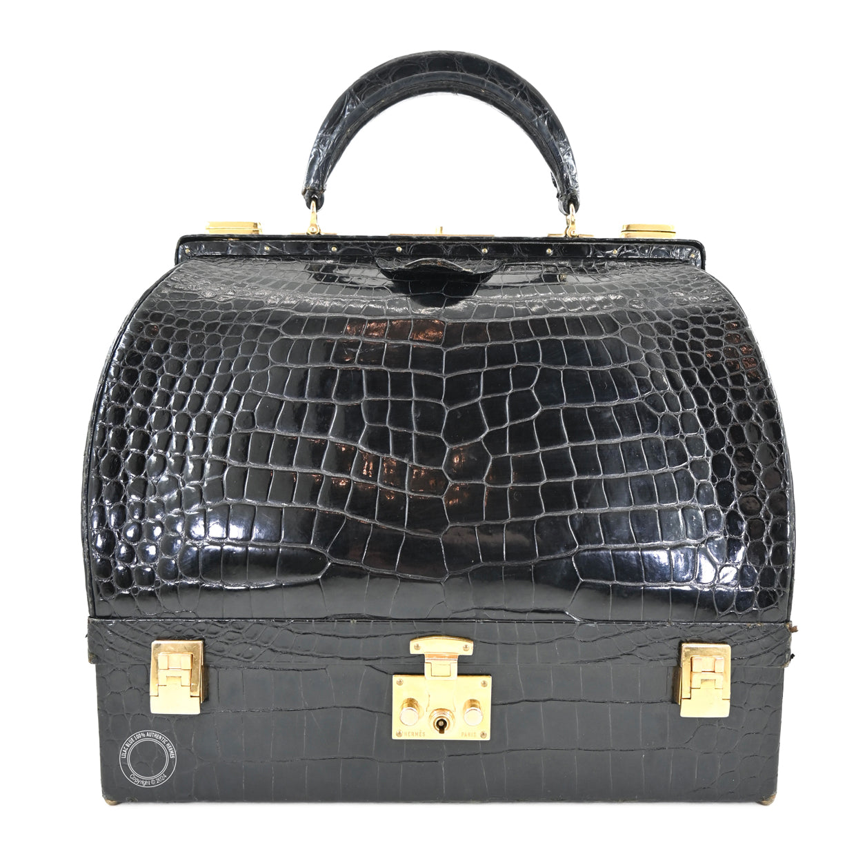 Hermes Sac Mallette 32cm Black Shiny Croc GHW - Vintage