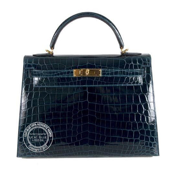 Hermès Kelly 32cm Bleu Colvert Shiny Croc GHW