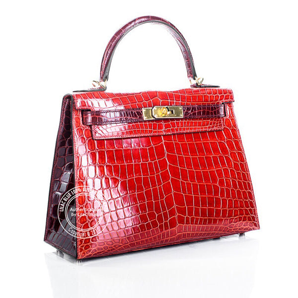 Hermès Kelly 32cm Bordeaux/Sanguine Shiny Croc GHW