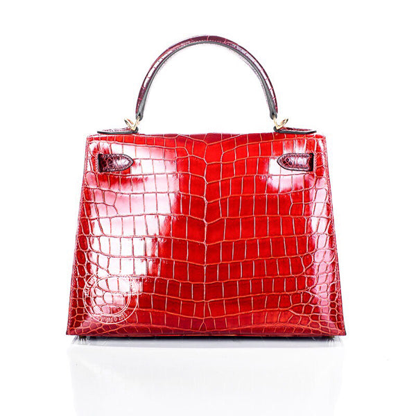Hermès Kelly 32cm Bordeaux/Sanguine Shiny Croc GHW