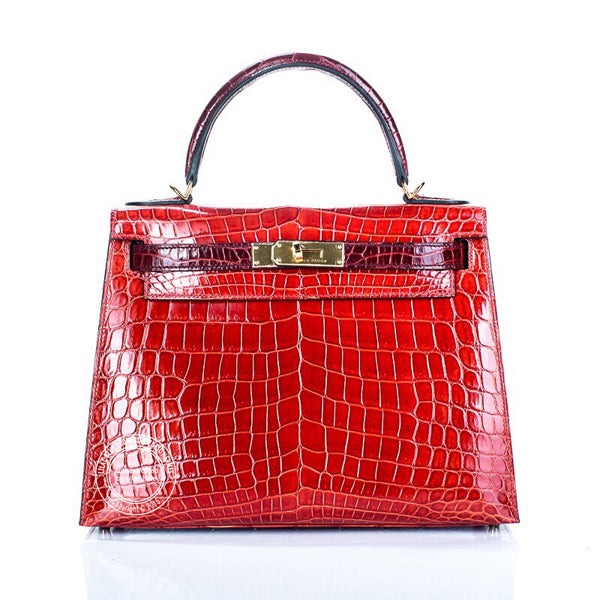 Hermès Kelly 32cm Bordeaux/Sanguine Shiny Croc GHW