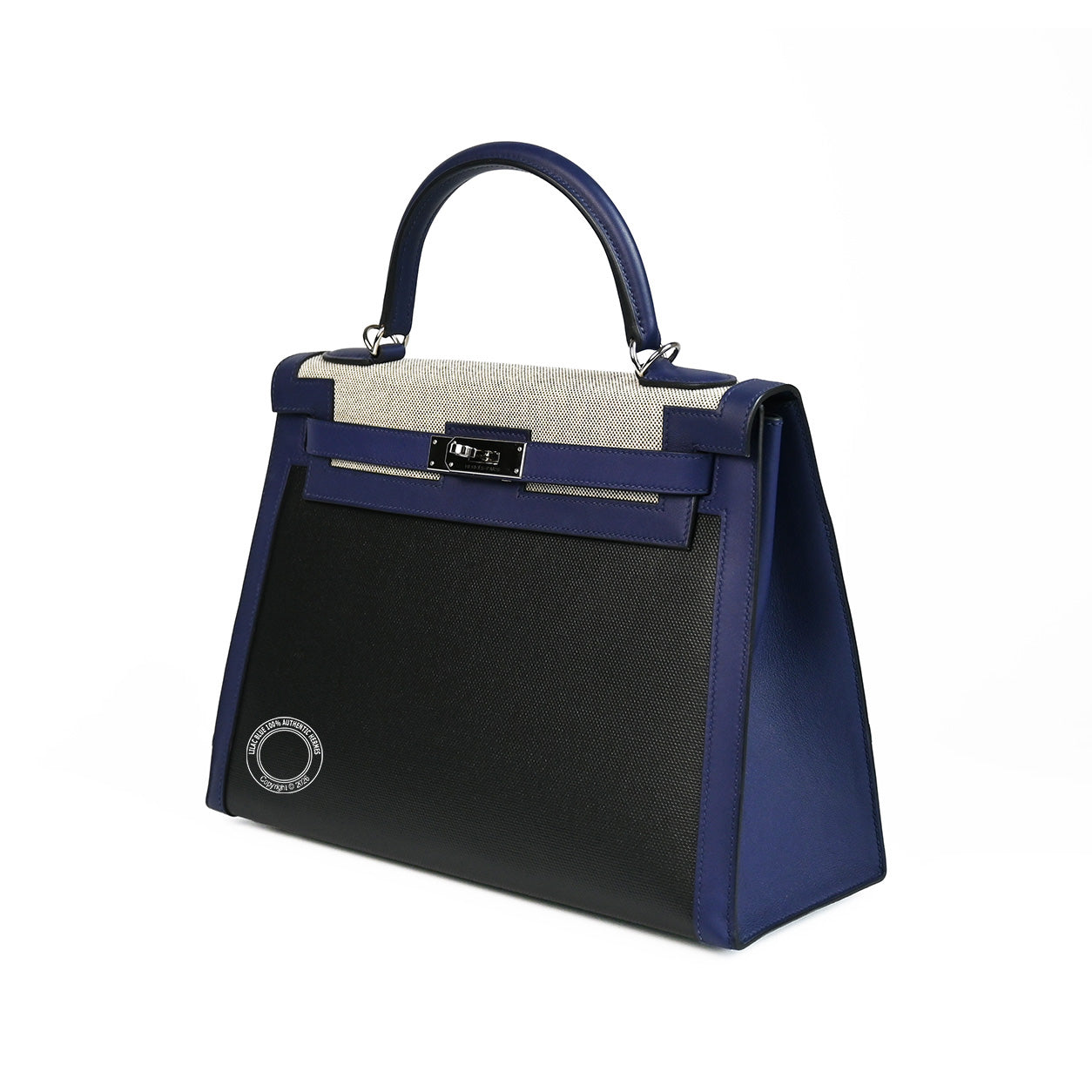 Hermès Kelly 32 Bleu Saphir/Black Swift/Toile Berline PHW
