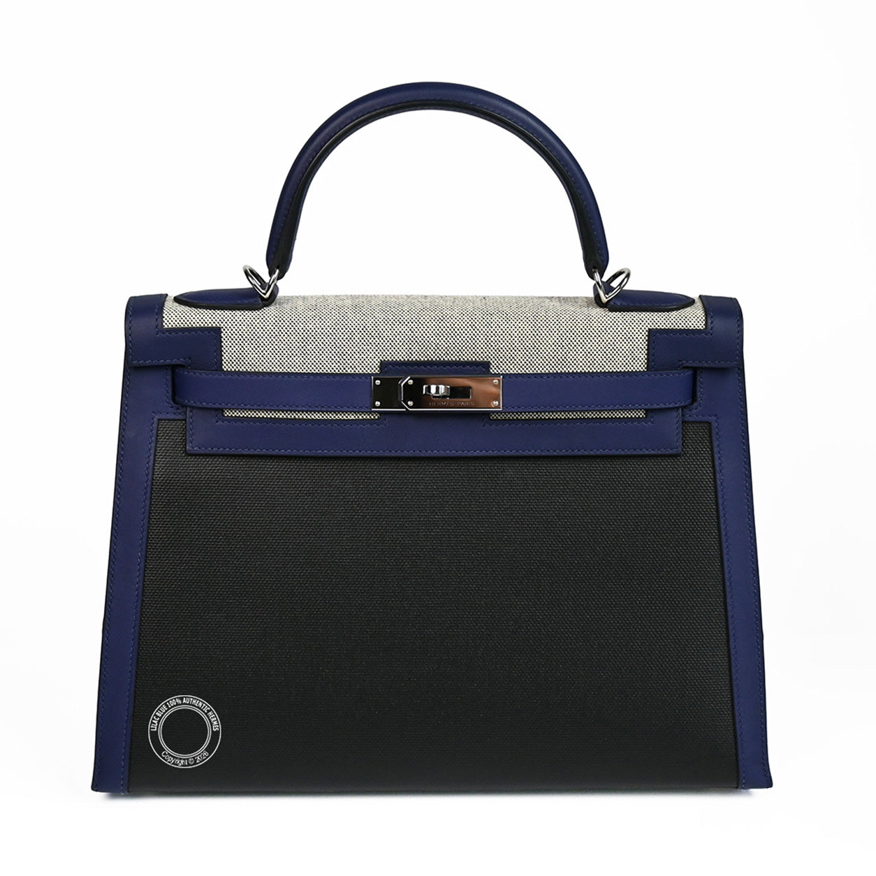 Hermès Kelly 32 Bleu Saphir/Black Swift/Toile Berline PHW