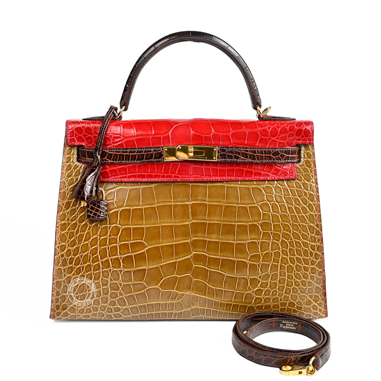 Hermès Kelly 32 Paille/Rouge Braise/Ebene HSS Matte Alligator GHW - Preloved