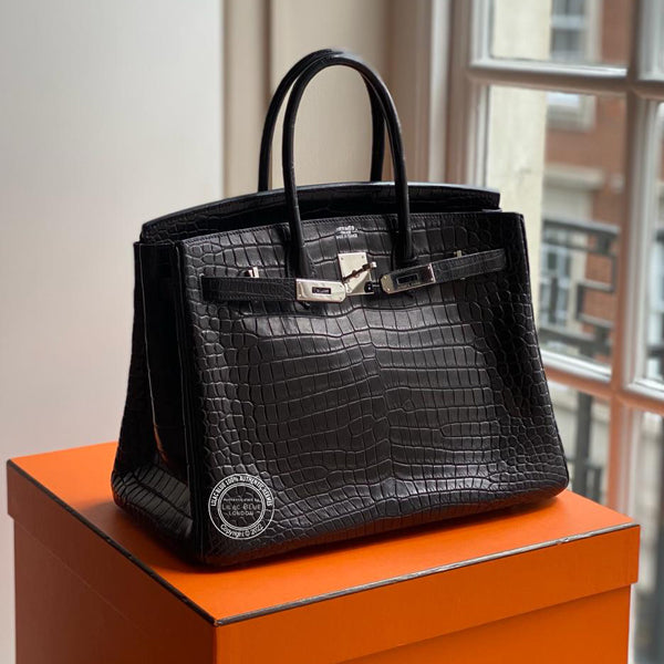 Hermes Birkin 35cm Black Matte Croc PHW - Preloved