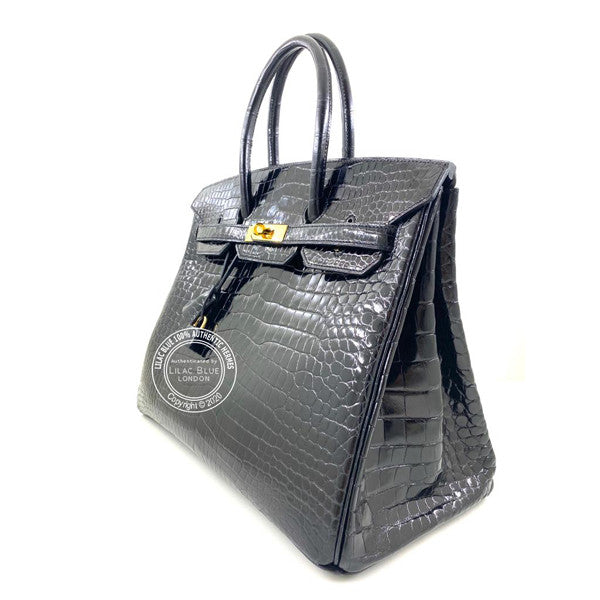 Hermès Birkin 35cm Black Shiny Croc GHW - Preloved