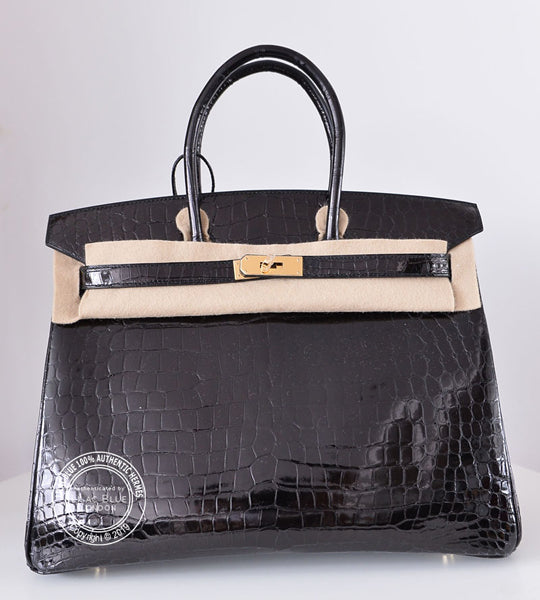 Hermès Birkin 35cm Black Shiny Croc GHW - Preloved