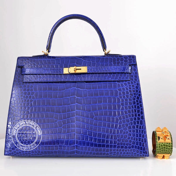Hermès Kelly 35cm Bleu Electrique Shiny Croc GHW