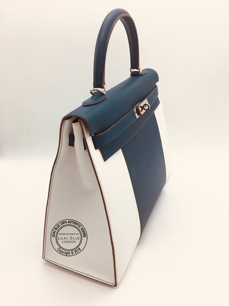 Hermès Kelly 35cm Bleu Thalassa/Blanc Flag Epsom PHW