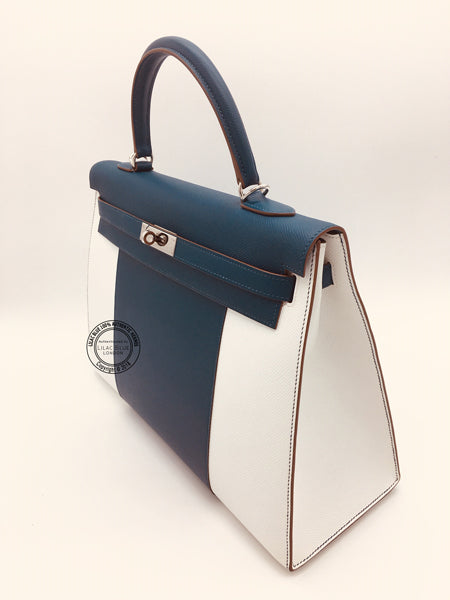 Hermès Kelly 35cm Bleu Thalassa/Blanc Flag Epsom PHW